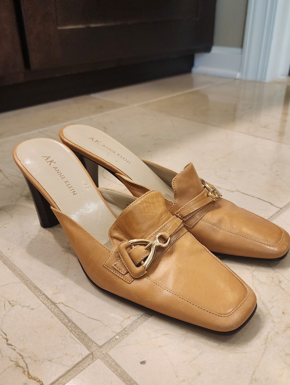 Anne Klein Camel Leather Mule Heels with Gold Buckle
